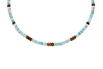 Larimar, Tiger's Eye, White Onyx, and 14k Gold Beaded Necklace