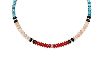 Mother of Pearl, Turquoise, Black Onyx, and Red Agate Beaded Necklace