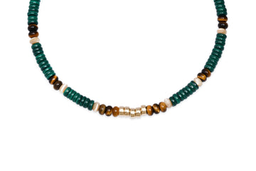 Malachite, Tiger's Eye, Mother of Pearl and 14k Gold Beaded Necklace