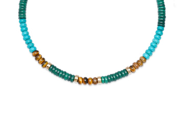Malachite, Turquoise, Tiger's Eye, 14k Gold Beaded Necklace