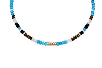 Turquoise, Tiger's Eye, Black and White Onyx, and 14k Gold Beaded Necklace
