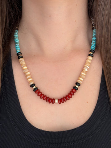 Mother of Pearl, Turquoise, Black Onyx, and Red Agate Beaded Necklace