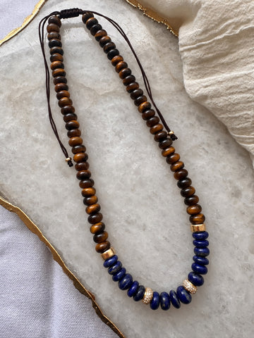 8mm Tiger's Eye, Lapis, 14k Gold and Diamond Beaded Necklace