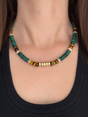 Malachite, Tiger's Eye, Mother of Pearl and 14k Gold Beaded Necklace