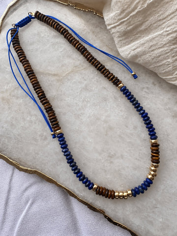 6mm Tiger's Eye, Lapis, and 14k Gold Beaded Necklace