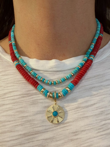Red Jade, Turquoise, 14k Gold and Diamond Beaded Necklace