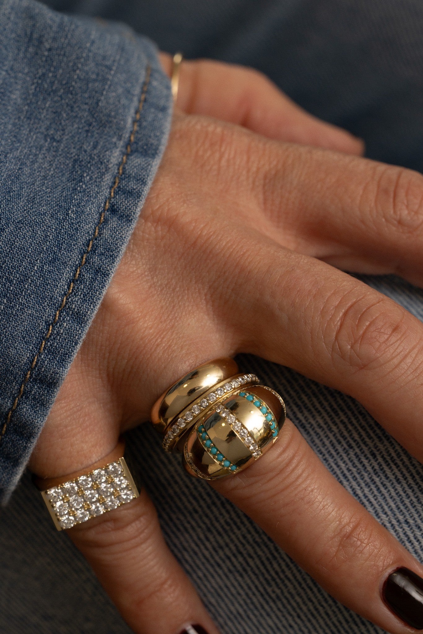 Turquoise and Diamond Stripe Domed Ring