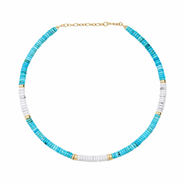 Turquoise, Howlite, and 14k Gold and Diamond Beaded Necklace