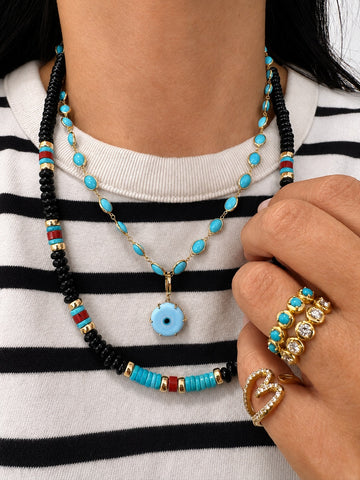 Black Agate, Turquoise Heishi, Red Agate, 14k Gold Beaded Necklace