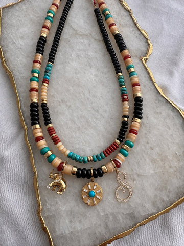 8mm Black Agate, Heishi Mother of Pearl, Turquoise, Red Agate, and 14k Gold Beaded Necklace