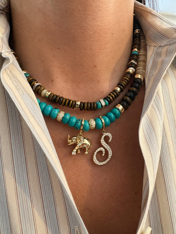 6mm Tiger's Eye, Mother of Pearl, Turquoise, 14k Gold and Diamond Beaded Necklace