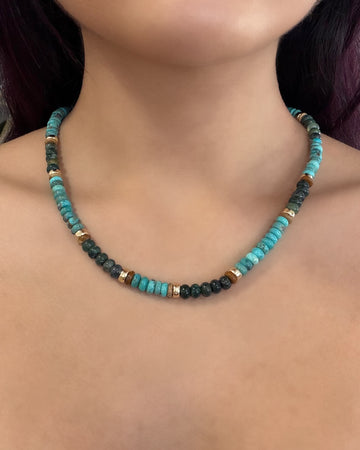 Turquoise, Picture Jasper, Moss Agate, and 14k Gold Beaded Necklace
