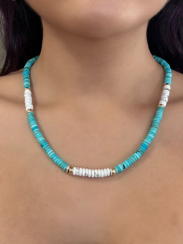 Turquoise, Howlite, and 14k Gold and Diamond Beaded Necklace