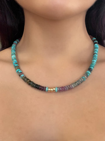 Turquoise, Tourmaline, and 14k Gold Beaded Necklace