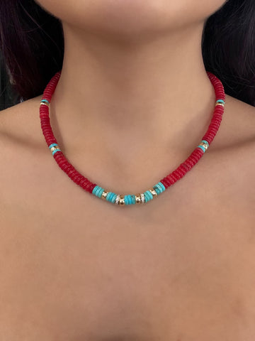 Red Jade, Turquoise, 14k Gold and Diamond Beaded Necklace