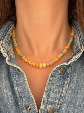 Fire Opal, Amazonite, and 14k Gold and Diamond Beaded Necklace