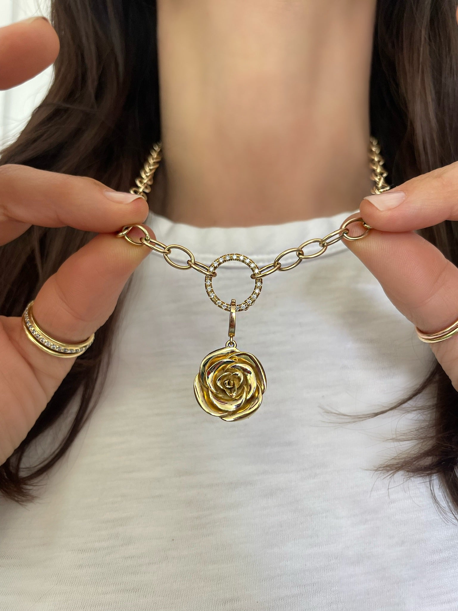 Toggle Chain Necklace with Diamond Gold Charm Ring Holder