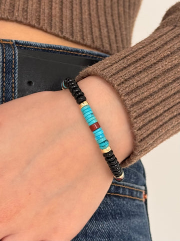 Black Agate, Turquoise, Red Jasper, 14k Gold Beaded Bracelet