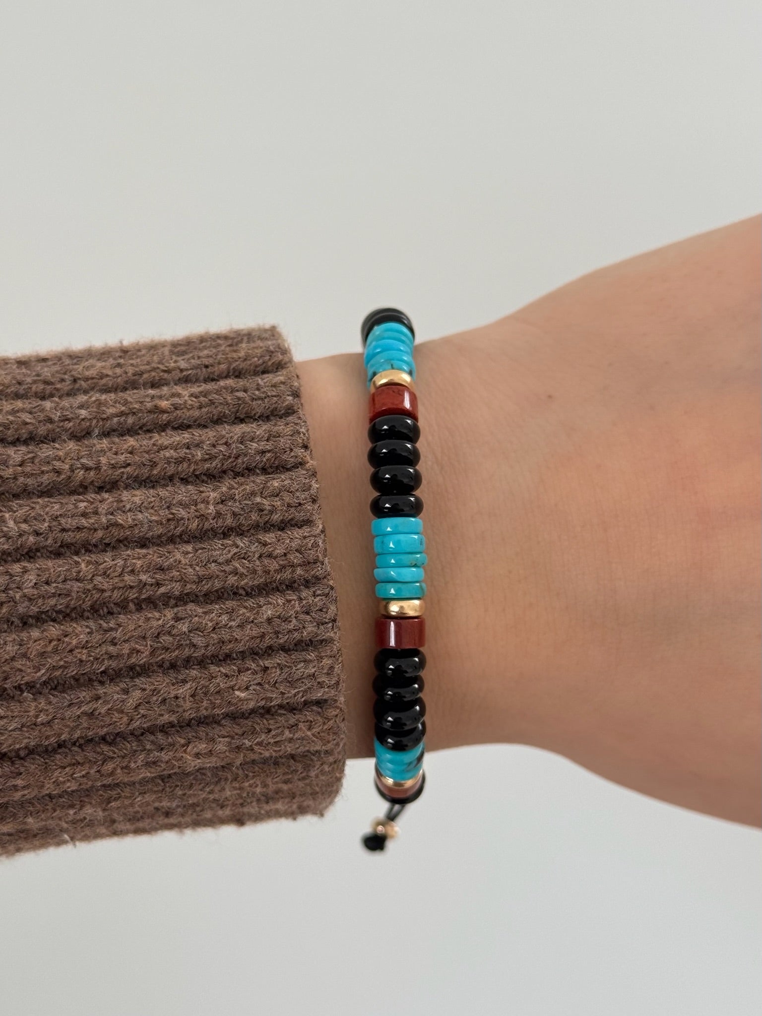 Black Agate, Turquoise, Red Jasper, 14k Gold Heishi Beaded Bracelet