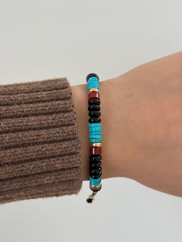 Black Agate, Turquoise, Red Jasper, 14k Gold Heishi Beaded Bracelet