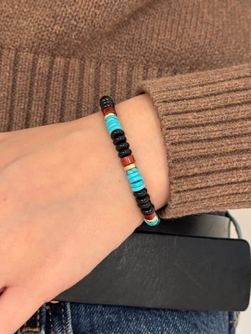 Black Agate, Turquoise, Red Jasper, 14k Gold Heishi Beaded Bracelet