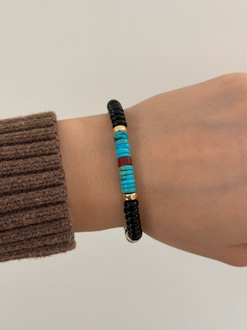 Black Agate, Turquoise, Red Jasper, 14k Gold Beaded Bracelet