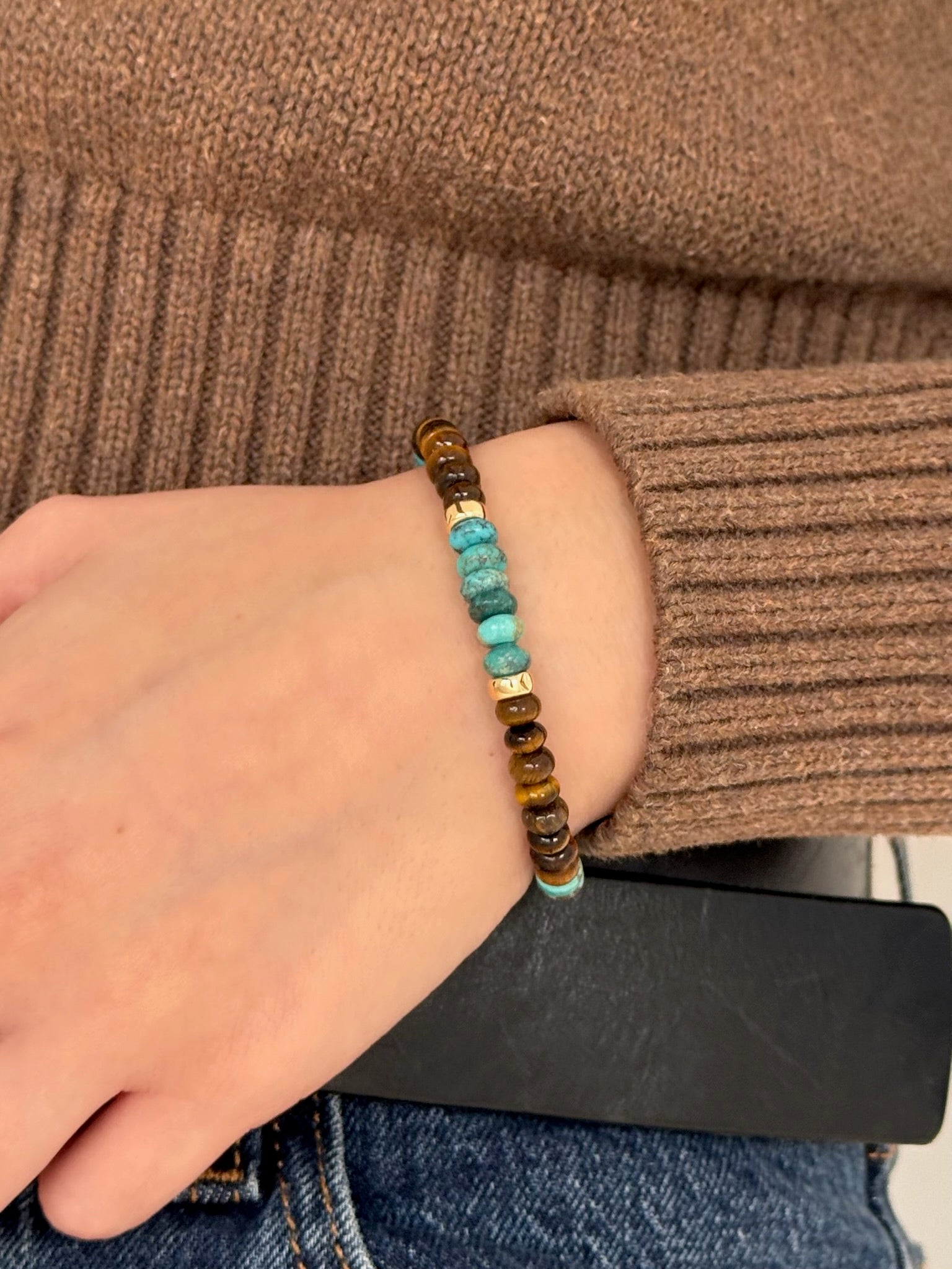 Turquoise, Tiger's Eye, 14k Gold Beaded Bracelet