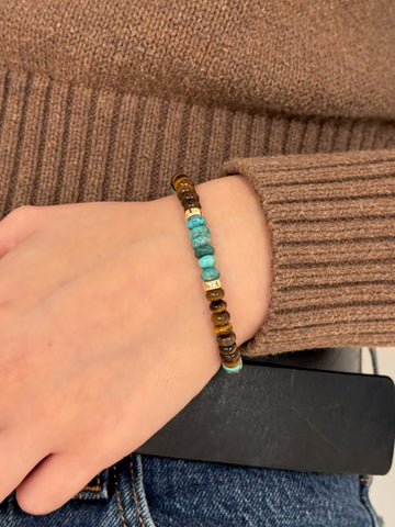Turquoise, Tiger's Eye, 14k Gold Beaded Bracelet