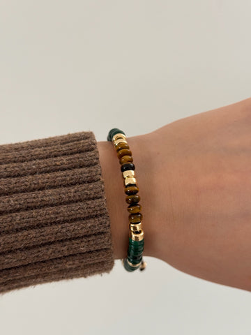 Malachite, Tiger's Eye, 14k Gold Beaded Bracelet