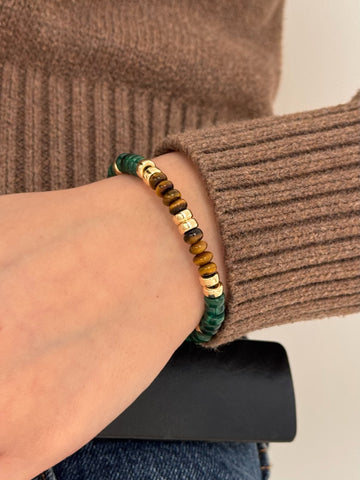 Malachite, Tiger's Eye, 14k Gold Beaded Bracelet