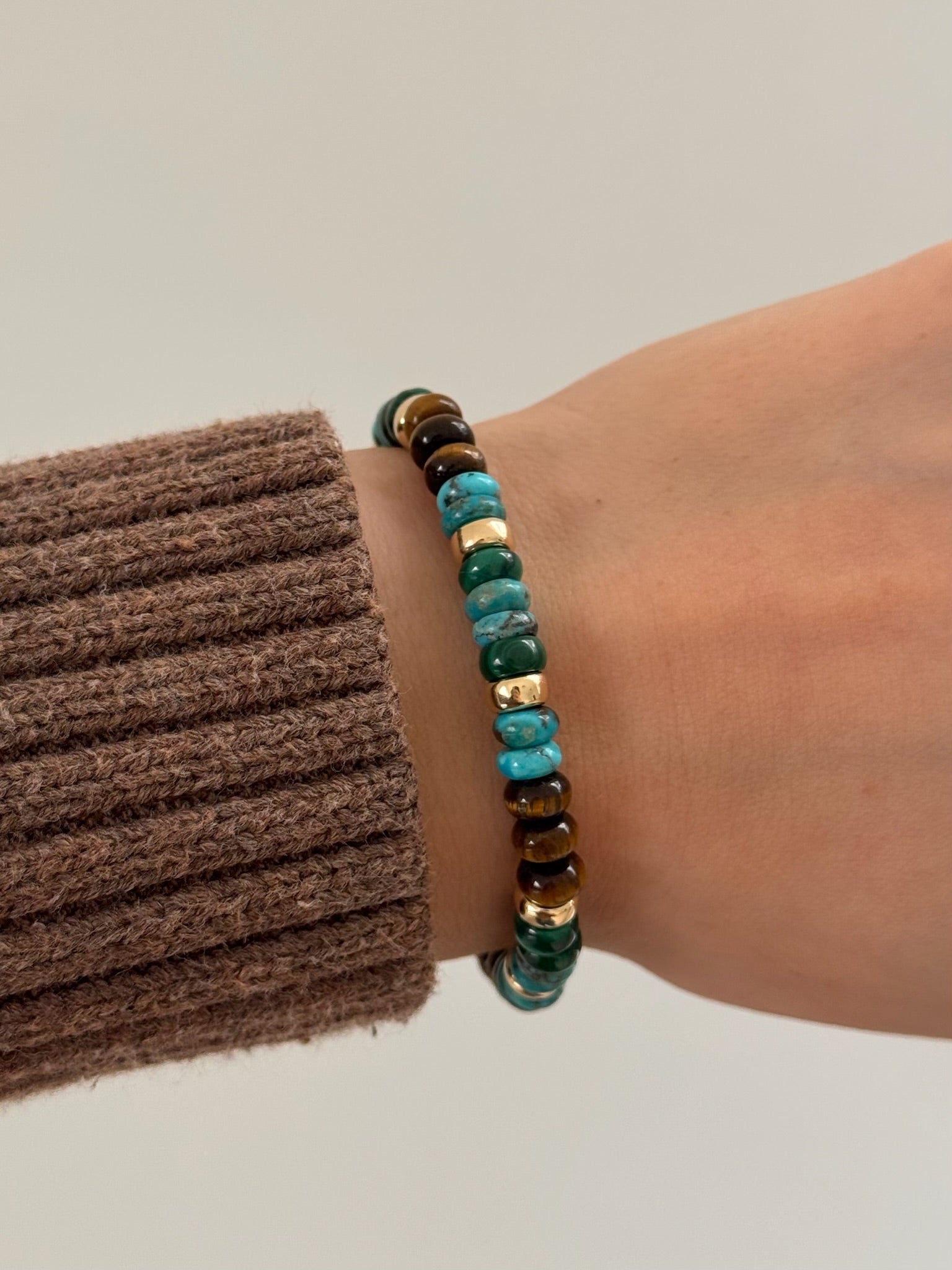 Malachite, Turquoise, Tiger's Eye, and 14k Gold Beaded Bracelet