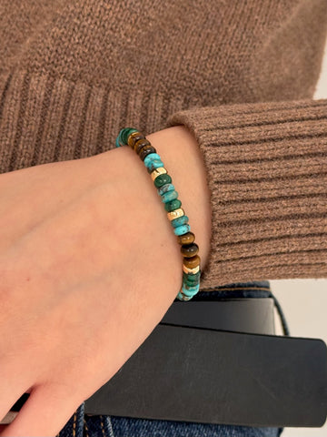 Malachite, Turquoise, Tiger's Eye, and 14k Gold Beaded Bracelet