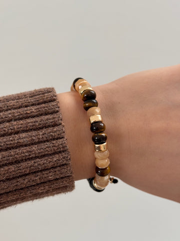 Mother of Pearl, Tiger's Eye, Black Agate, 14k Gold Beaded Bracelet