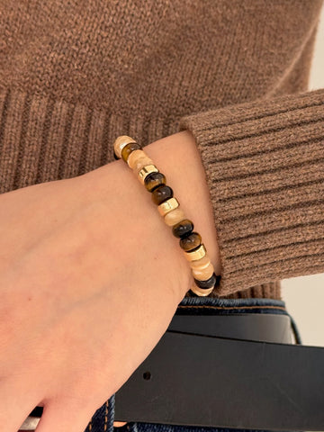 Mother of Pearl, Tiger's Eye, Black Agate, 14k Gold Beaded Bracelet