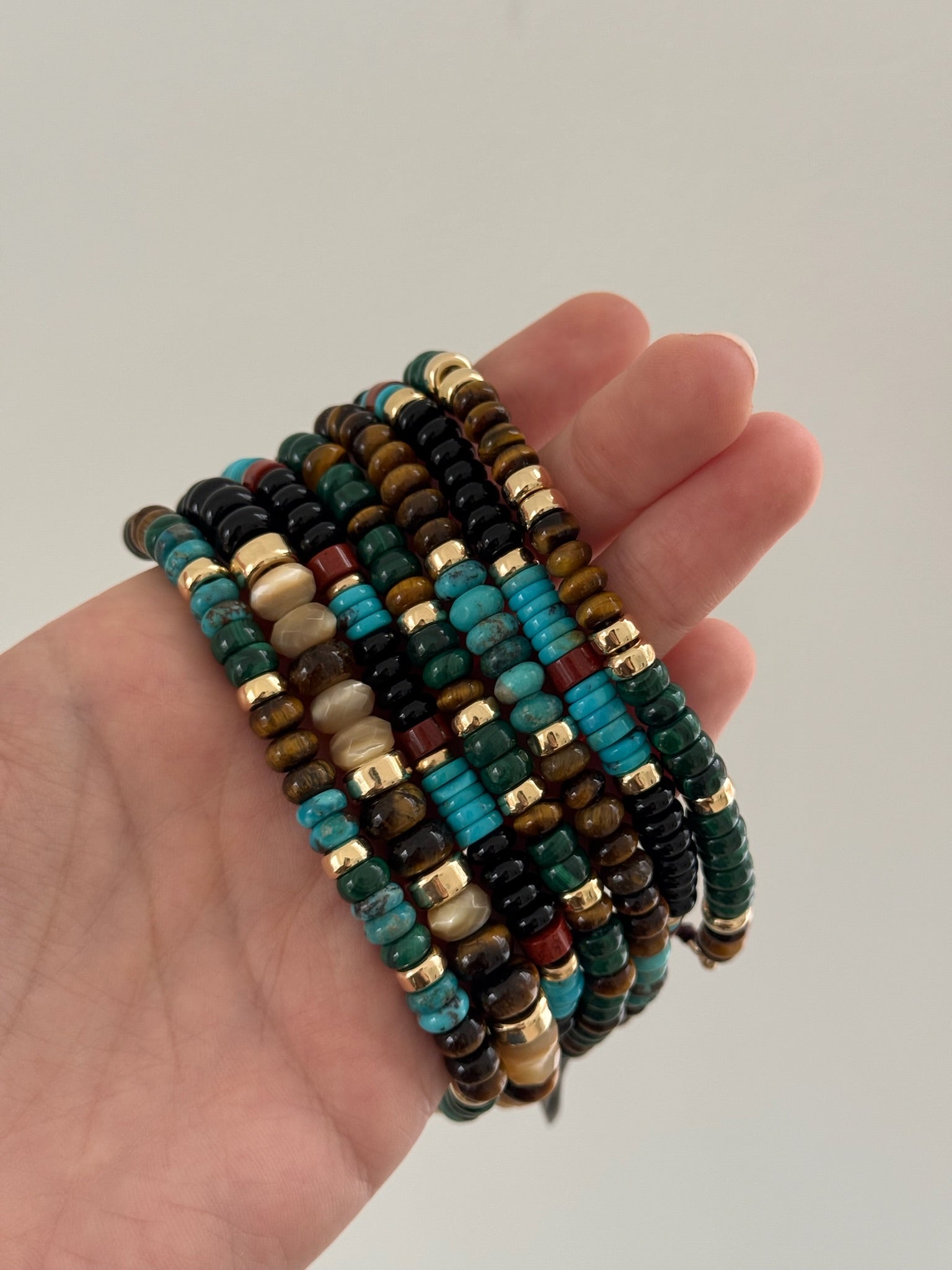 Malachite, Turquoise, Tiger's Eye, and 14k Gold Beaded Bracelet