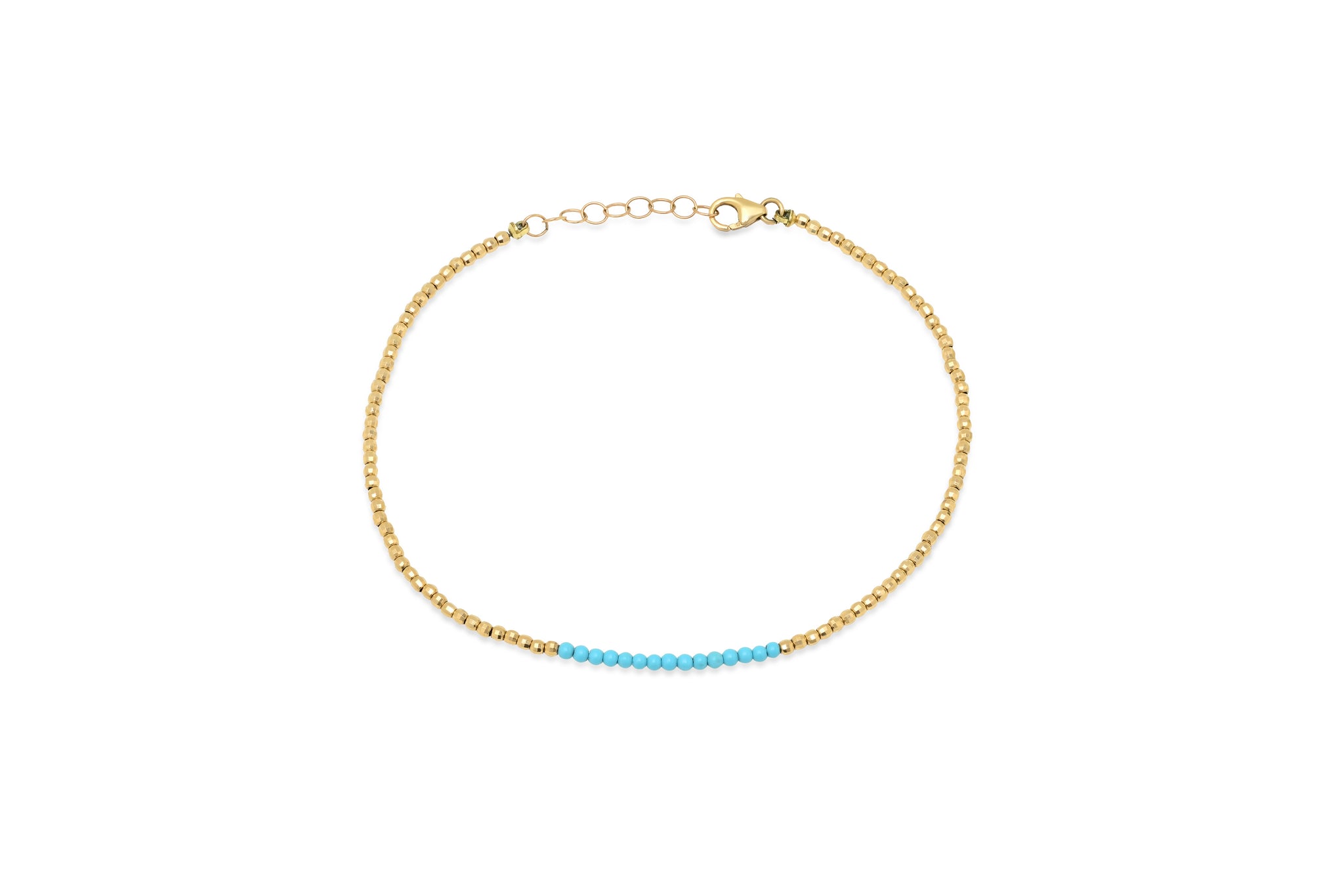 14K Gold Beaded Anklet with Turquoise Center
