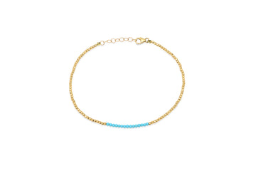 14K Gold Beaded Anklet with Turquoise Center