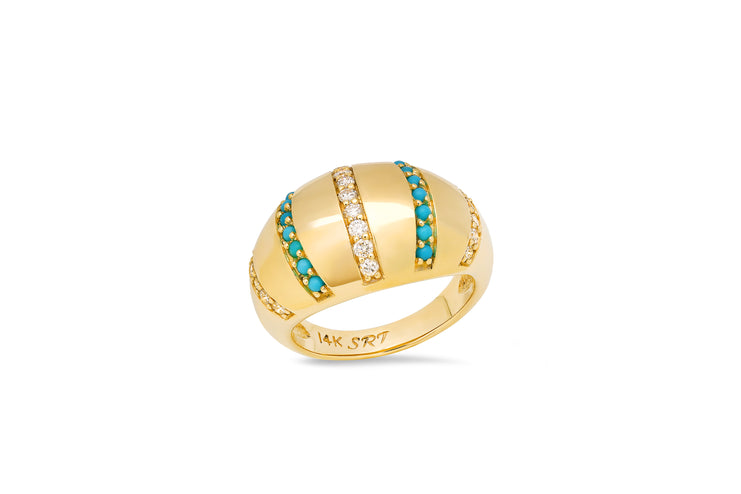Turquoise and Diamond Stripe Domed Ring