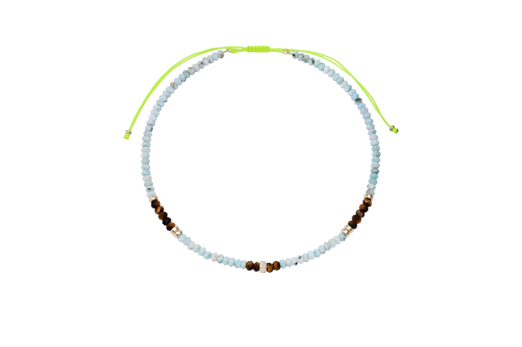 Larimar, Tigers Eye, and 14k Gold and Diamond Beaded Necklace