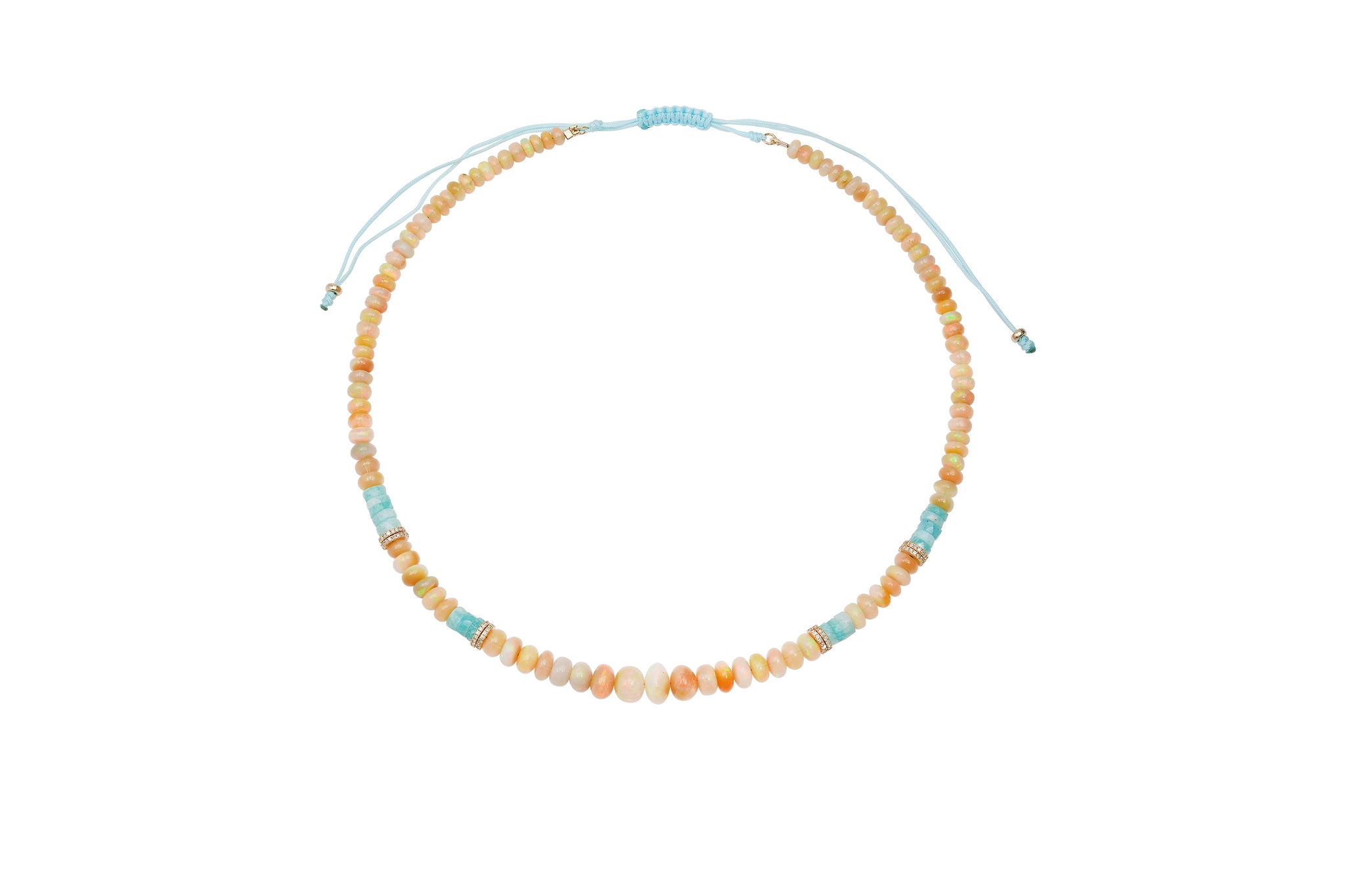 Fire Opal, Amazonite, and 14k Gold and Diamond Beaded Necklace