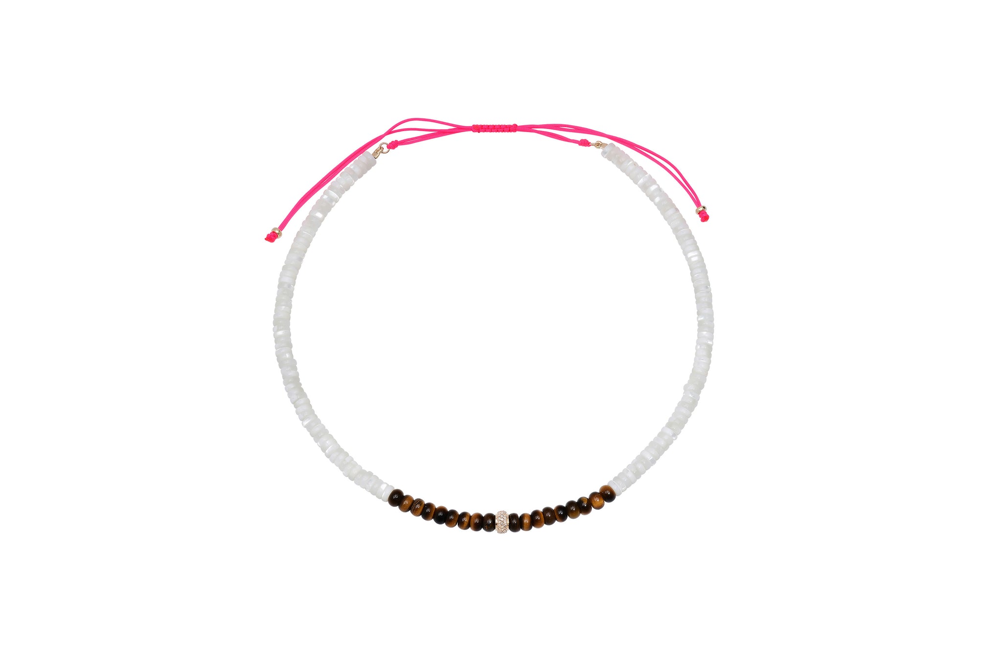 Mother of Pearl, Tiger's Eye, 14k Gold and Diamond Beaded Necklace