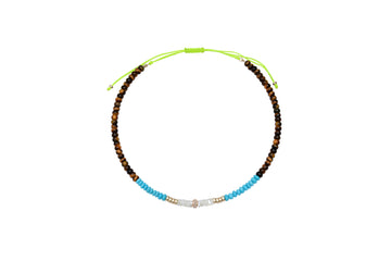 Tiger's Eye, Turquoise, Mother of Pearl, 14k Gold and Diamond Beaded Necklace