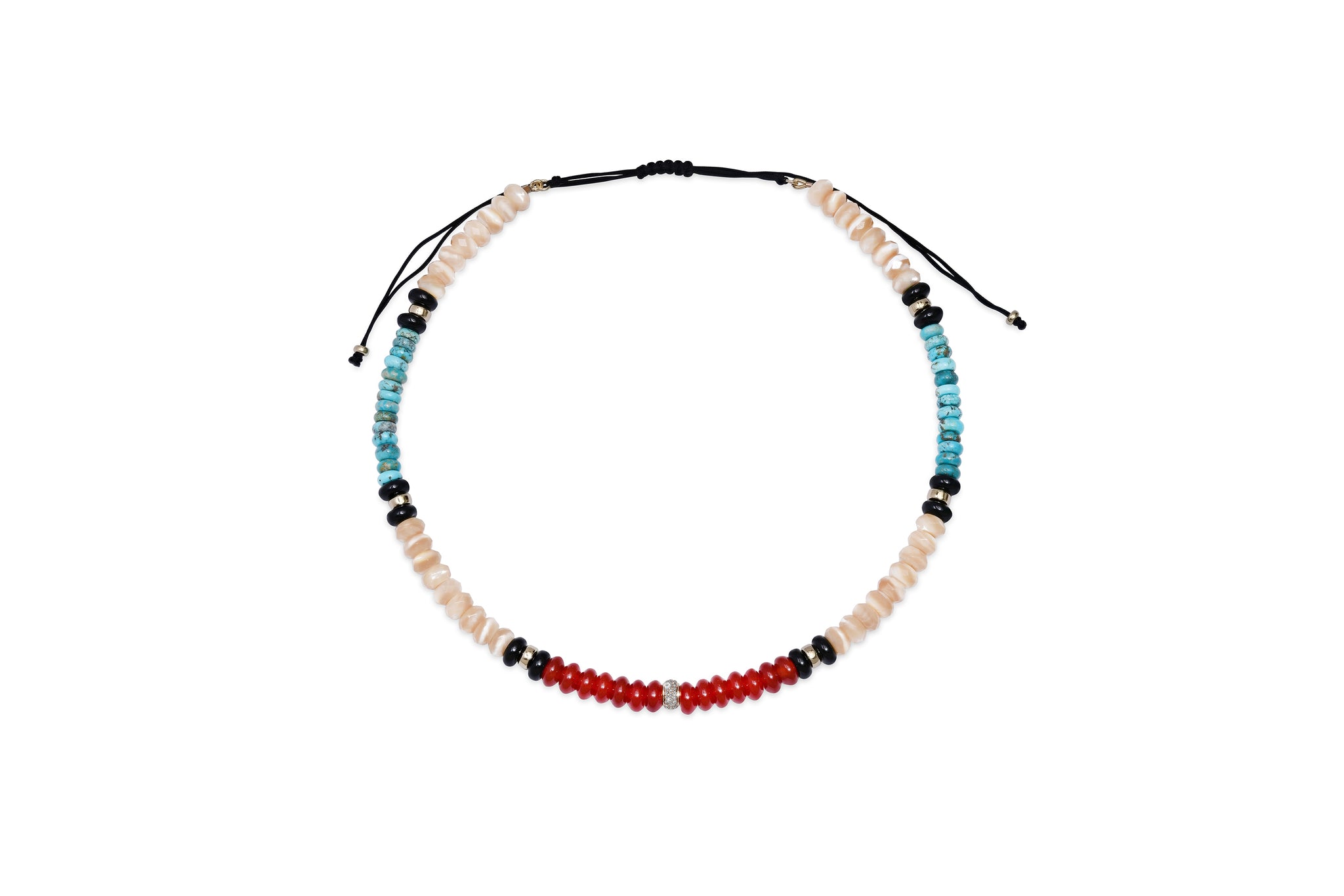 Mother of Pearl, Turquoise, Black Onyx, and Red Agate Beaded Necklace