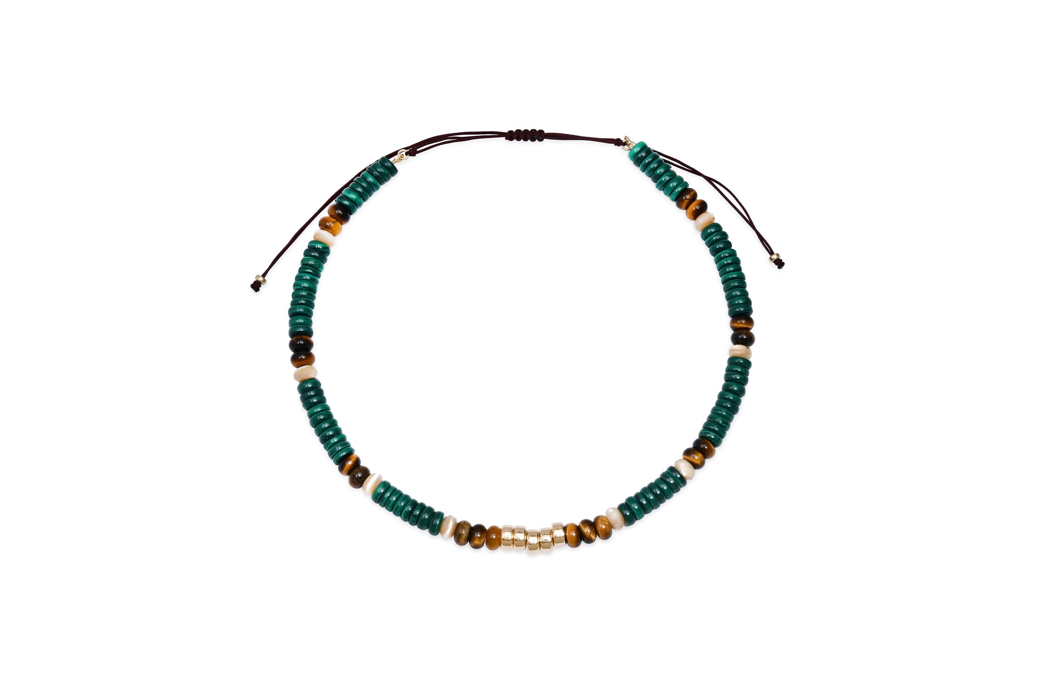 Malachite, Tiger's Eye, Mother of Pearl and 14k Gold Beaded Necklace
