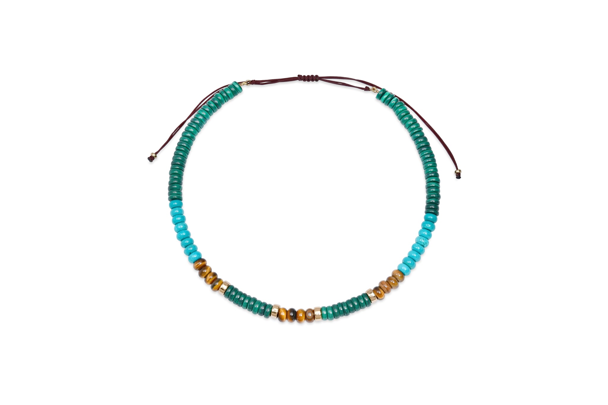 Malachite, Turquoise, Tiger's Eye, 14k Gold Beaded Necklace