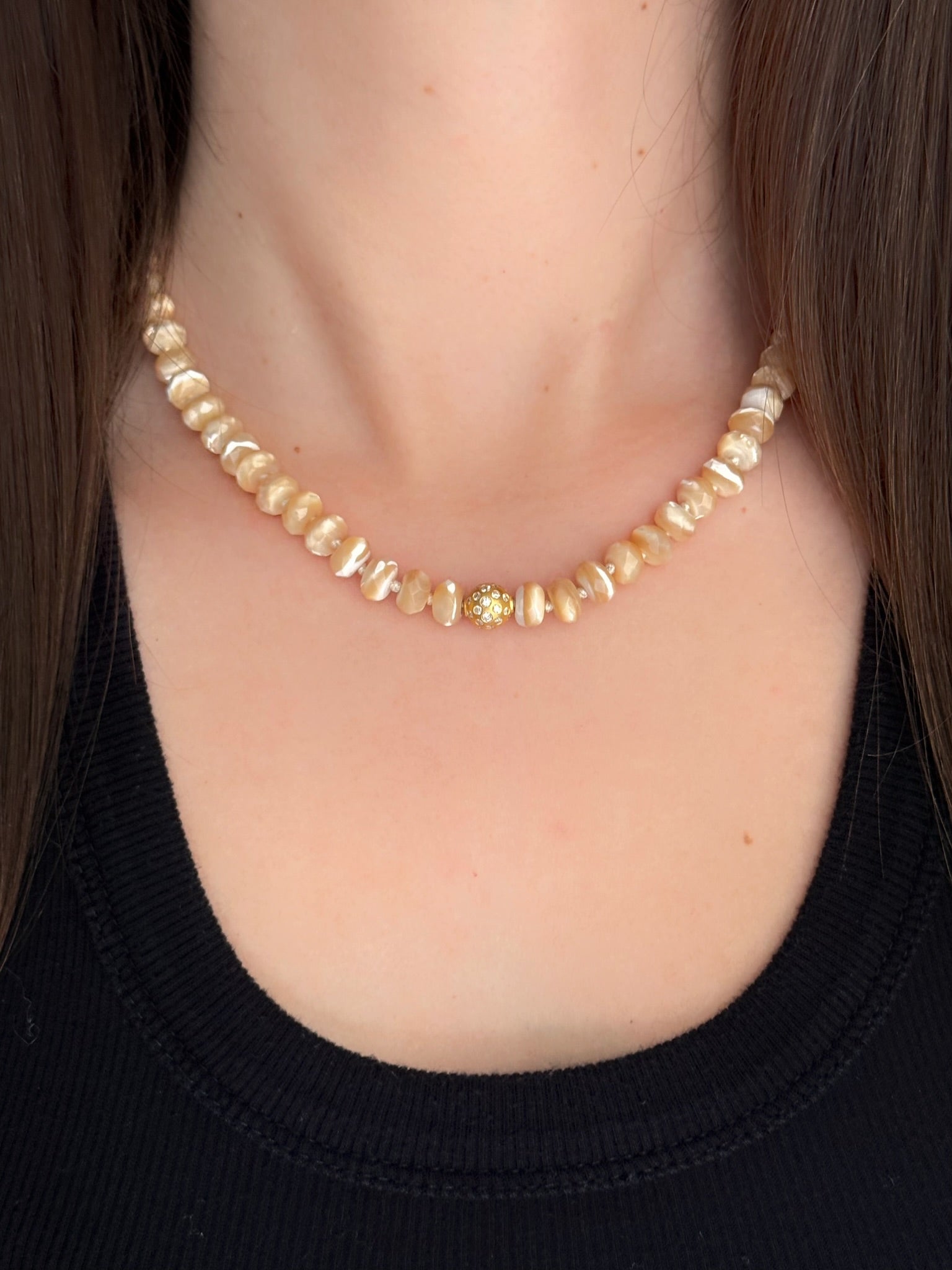 Mother of Pearl, 14k Gold and Diamond Round Beaded Necklace