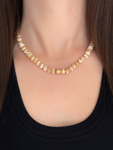 Mother of Pearl, 14k Gold and Diamond Round Beaded Necklace