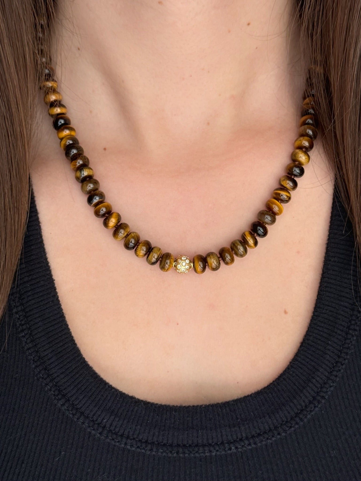 Tiger's Eye and Round 14k Gold and Diamond Beaded Necklace