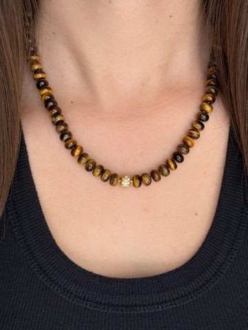 Tiger's Eye and Round 14k Gold and Diamond Beaded Necklace