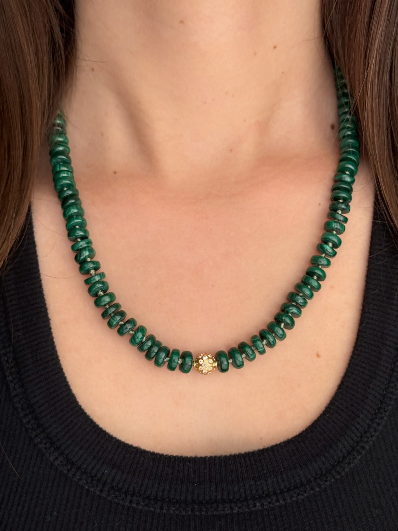 Malachite and 14k Gold and Diamond Beaded Necklace
